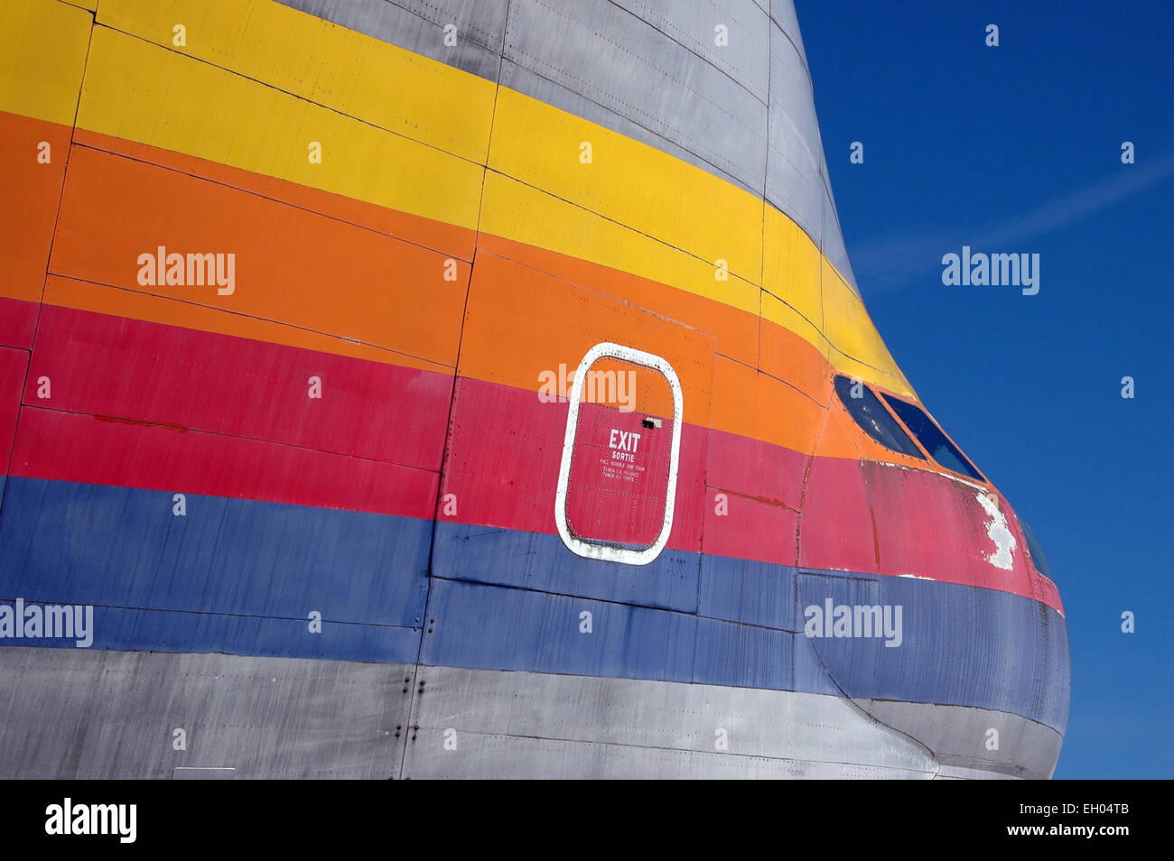 Structure detail of a Super Guppy under Aibus delivery colors in the museum ''Les ailes anciennes'' in Blagnac near Toulouse. Stock Photo