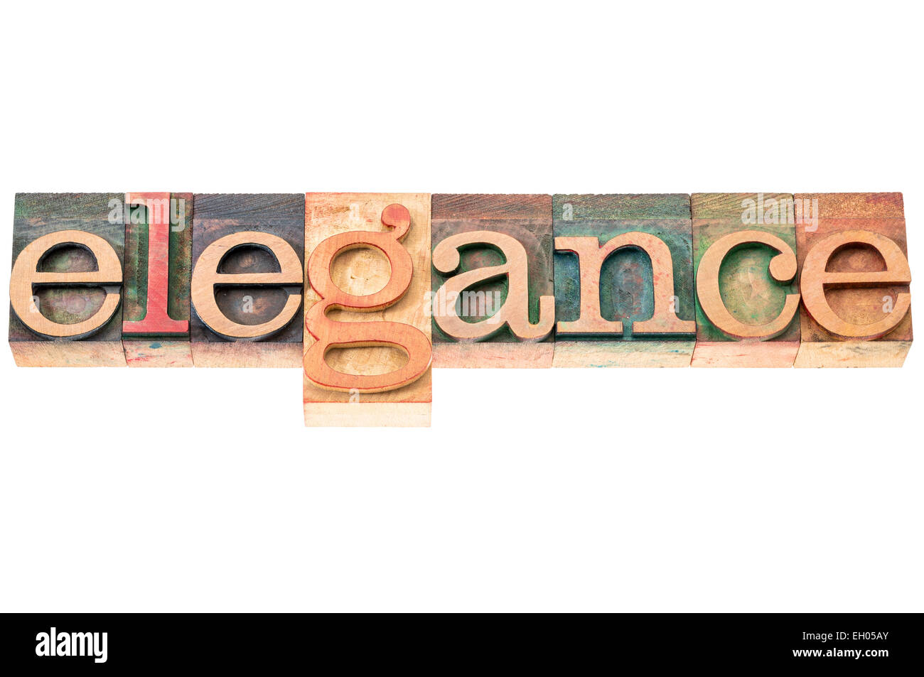 elegance word typography - isolated text in letterpress wood type blocks Stock Photo