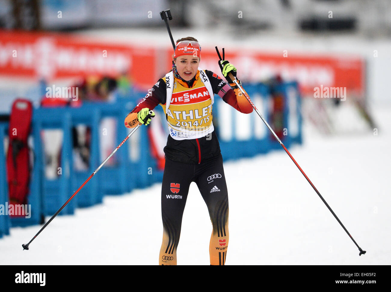 Kontiolahti, Finland. 04th Mar, 2015. German biathlete Luise Kummer in action during a training session at the Biathlon World Championships in Kontiolahti, Finland, 04 March 2015. Photo: Ralf Hirschberger/dpa/Alamy Live News Stock Photo