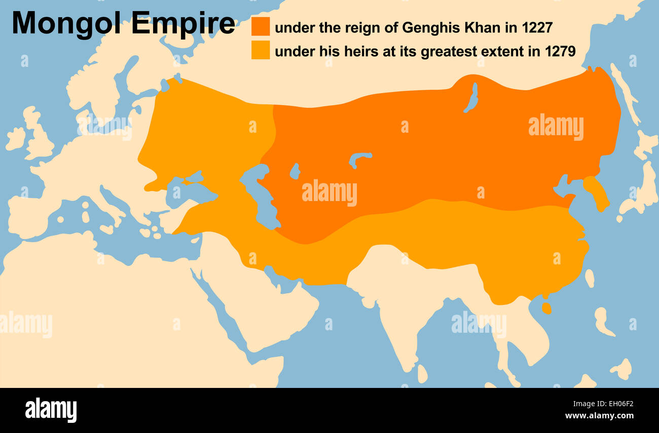 Genghis Khan's Mongol Empire in 1227 and at its greatest extent in 1279. Stock Photo