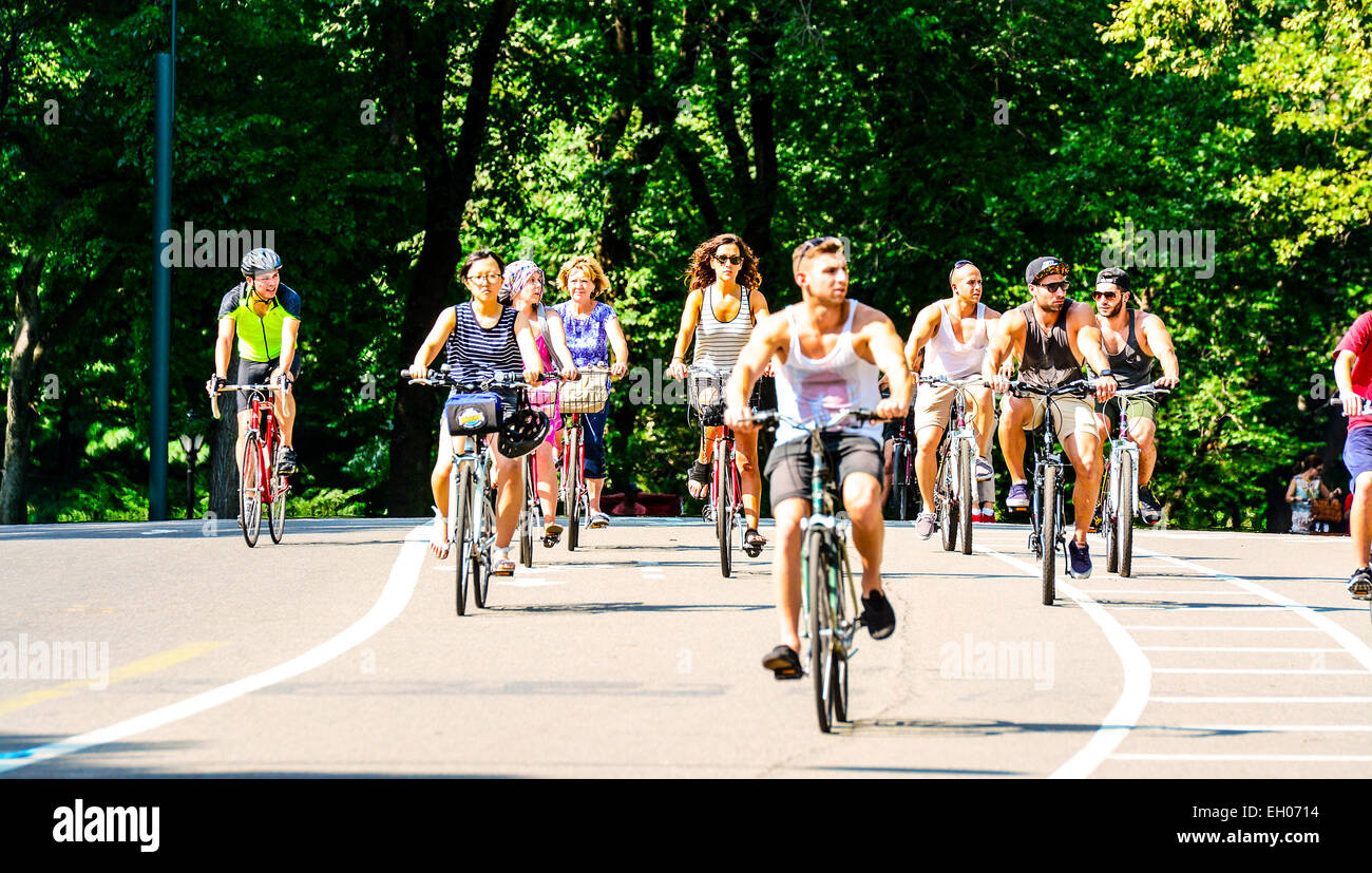 Bicycling, Running, and Walking in Central Park, Manhattan, New York City, USA Stock Photo