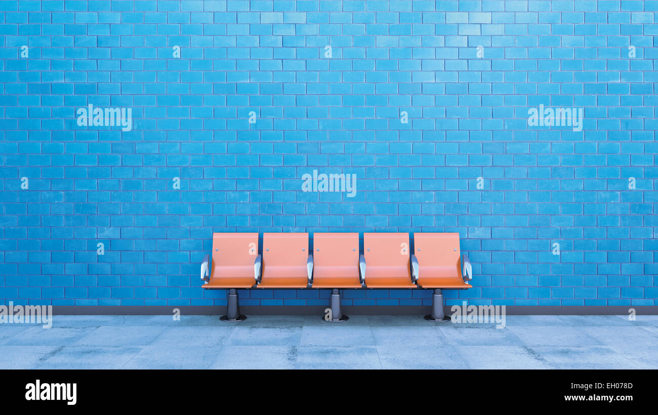 Row of seats at underground station platform, 3D Rendering Stock Photo