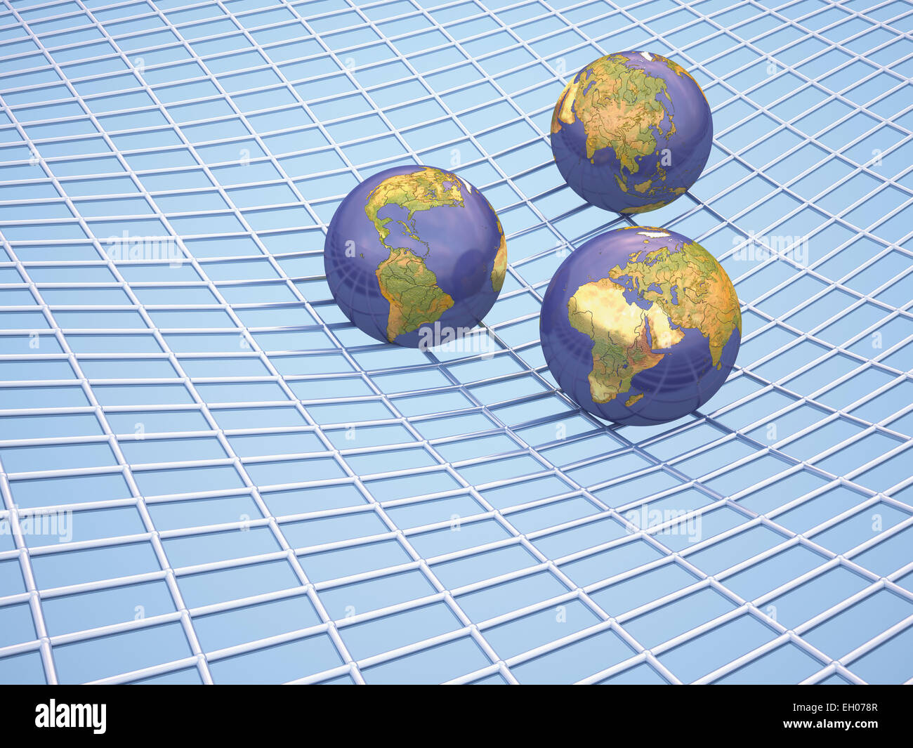 Three globes on grid structure, 3D Rendering Stock Photo