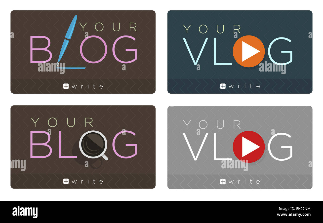 Vector set of blog and vlog icons with pen and cup of coffee Stock Photo