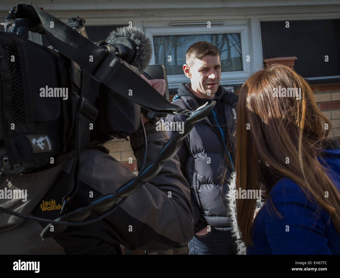 A man is interviewed by a TV crew near Barton Court where the body of missing school girl Rebecca Watts was discovered yesterday. Credit:  james beck/Alamy Live News Stock Photo