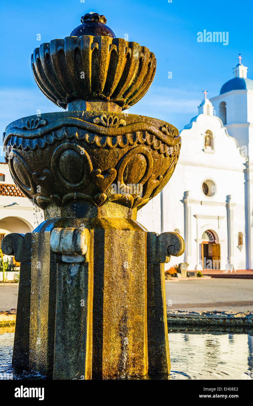 The fountain in front of the Mission San Luis Rey De Francia (founded 1798). Oceanside, California, United States. Stock Photo