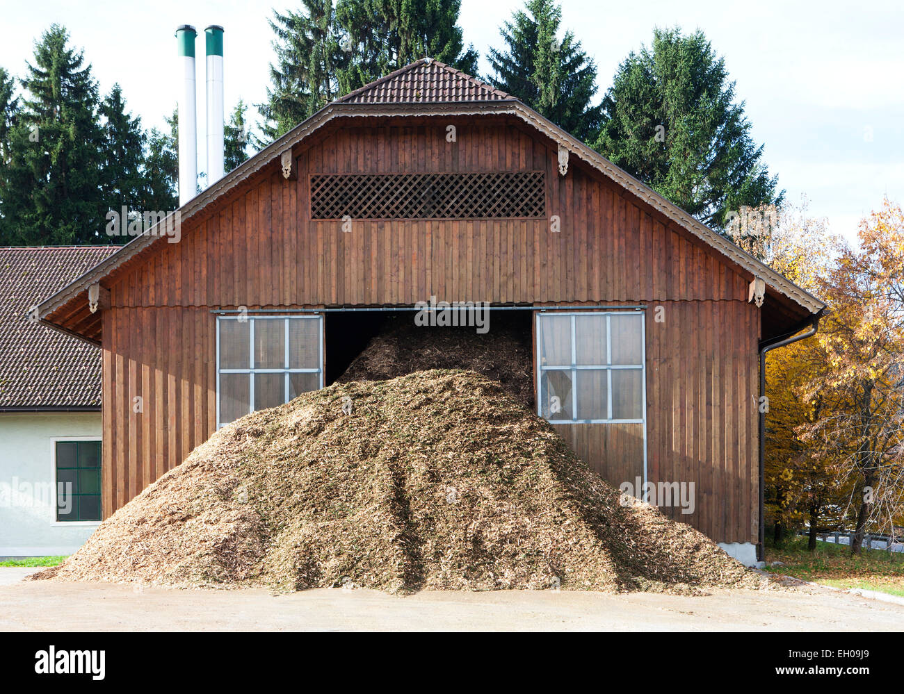 Austria, Zell am Moos, Wood chip heating system in barn Stock Photo