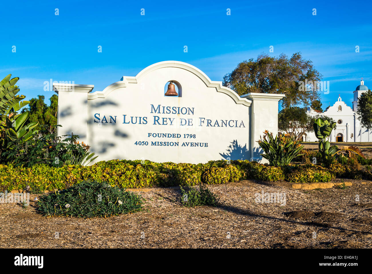 Mission San Luis Rey De Francia (founded 1798) sign. Oceanside, California, United States. Stock Photo