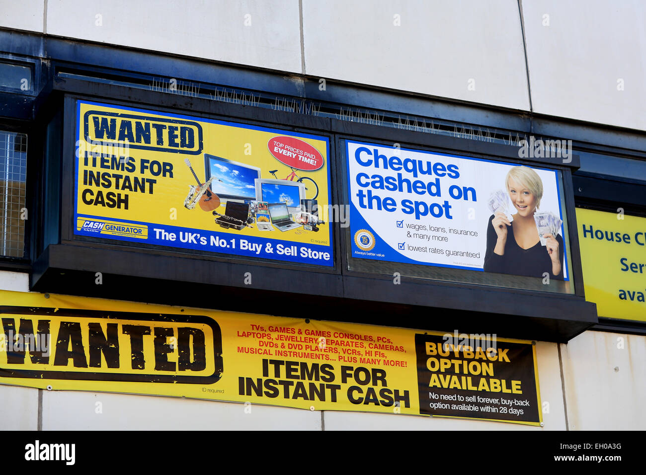 A wanted items for cash poster for a buy and sell store, Cash for gold, pawn brokers, cheques cashed, buyback option Stock Photo