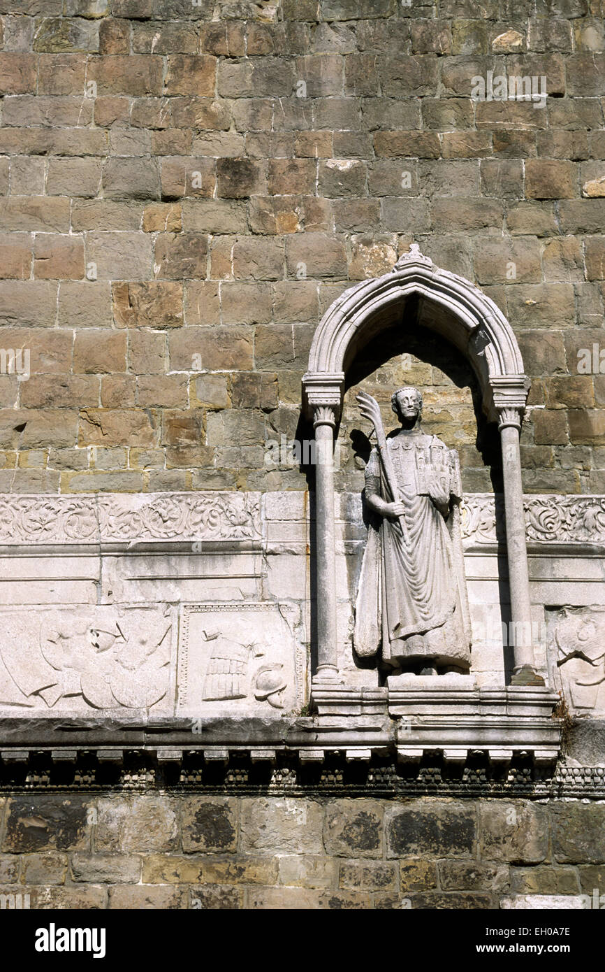 Italy, Friuli Venezia Giulia, Trieste, San Giusto cathedral, statue of San Giusto on the bell tower Stock Photo