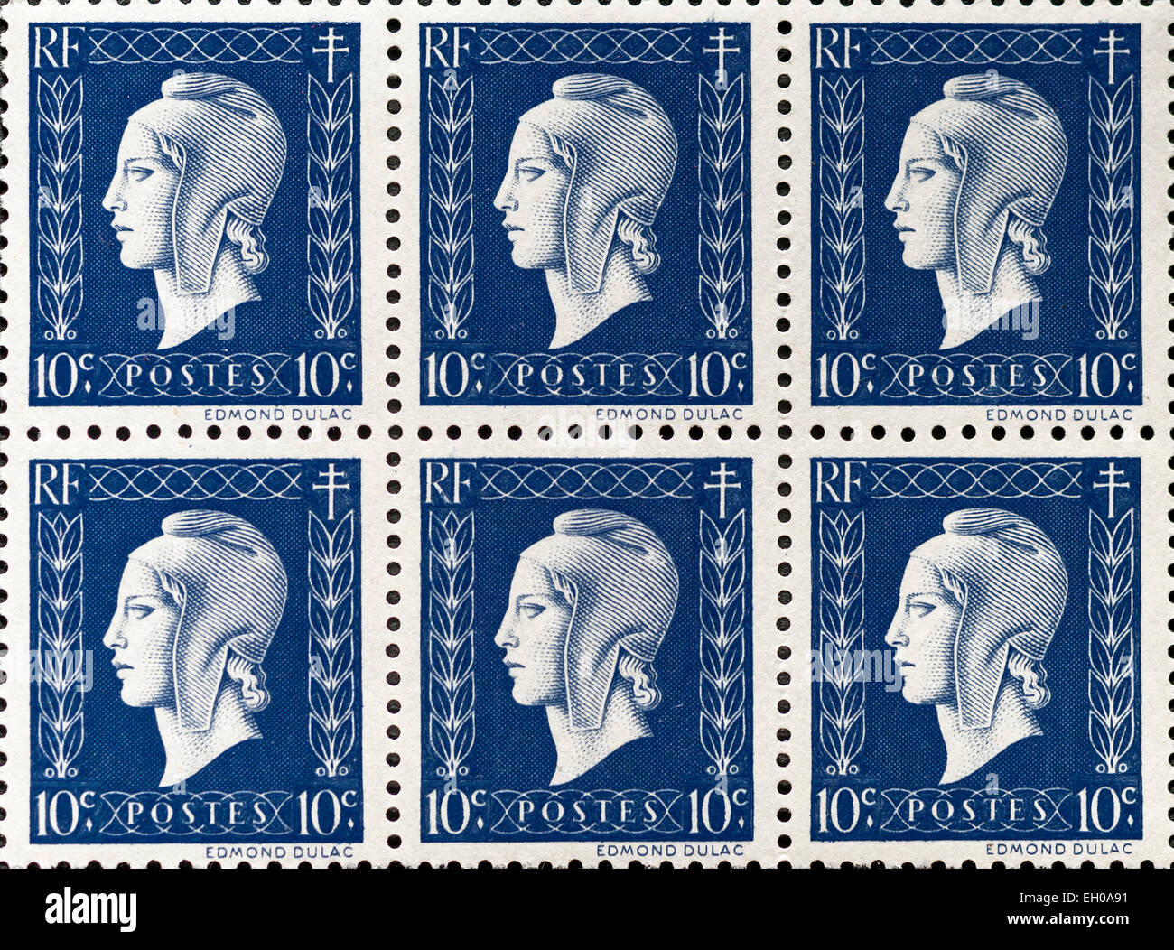 Block of six unused 10c “Marianne de Dulac” French definitive postage stamp, 1944/45. Stock Photo