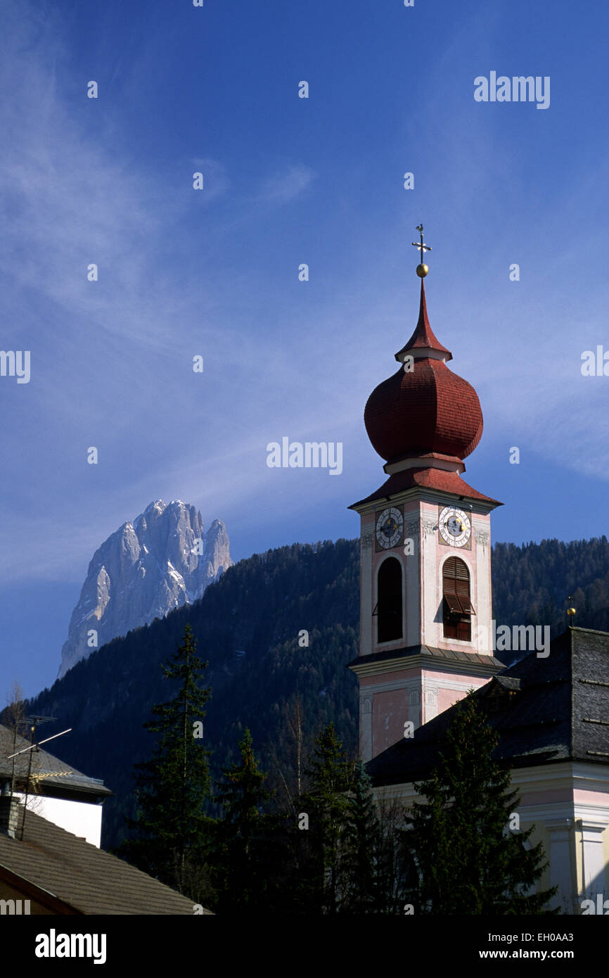 Italy, South Tyrol, Dolomites, Val Gardena, Ortisei, parish church Stock Photo