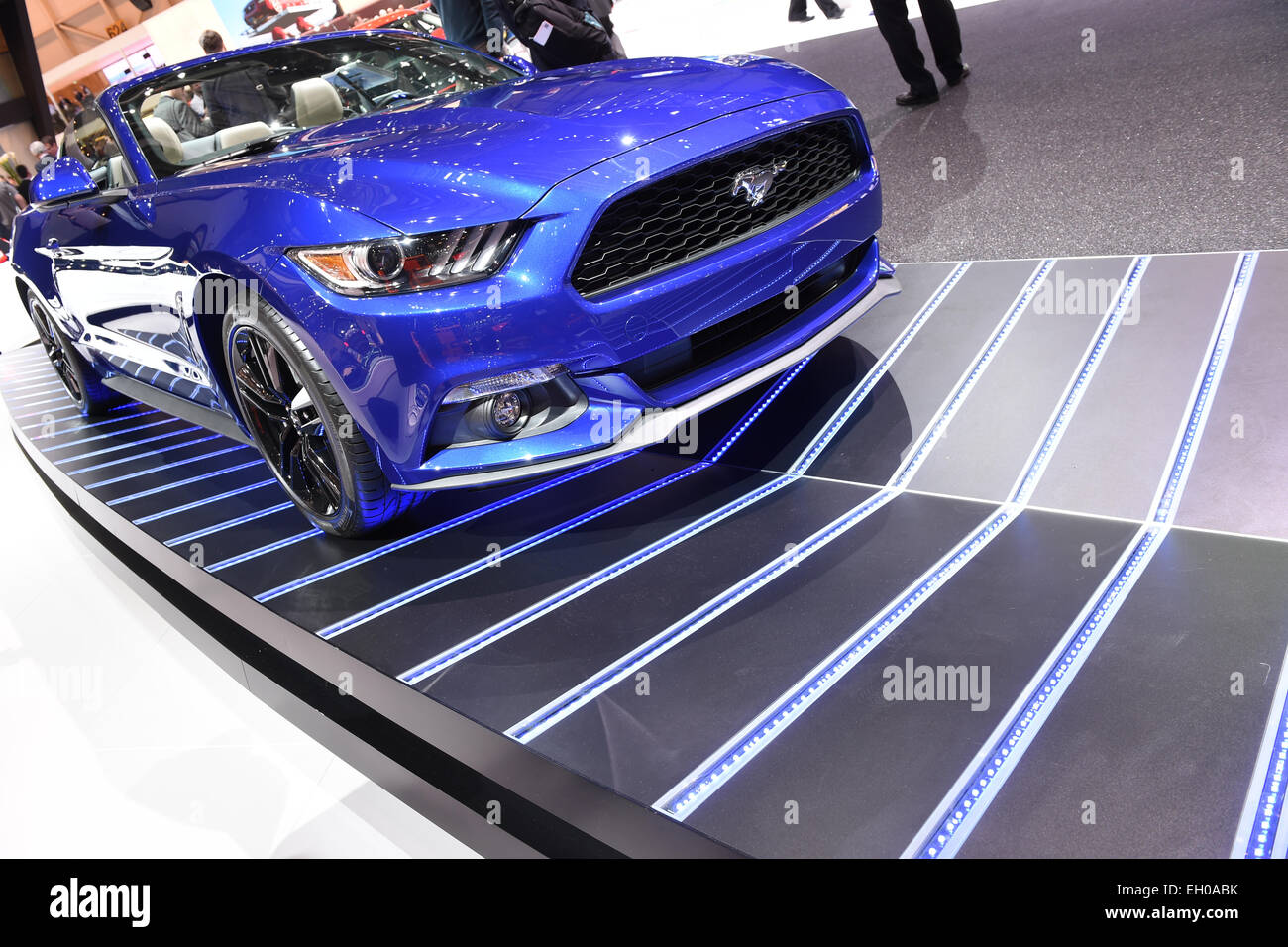Geneva, Switzerland. 4th Mar, 2015. Car manufacturer Ford is displaying a  Ford Mustang Convertible at the Palexpo fairground a day prior to the  official opening of the 85th Geneva International Motor Show