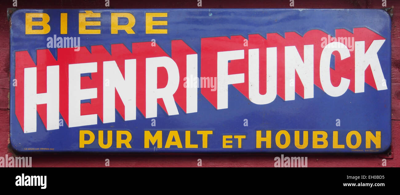Biere Henri Funck pur malt et Houblon enamel advertising sign Stock Photo