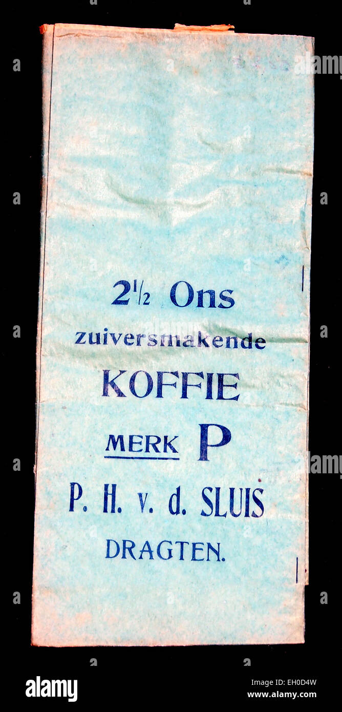 The 'PH vd Sluis' coffee package, labeled '2,5 ons Koffie Merk P', represents a classic Dutch coffee product. This brand highlights the significance of coffee packaging in Dutch consumer goods during the 20th century. Stock Photo