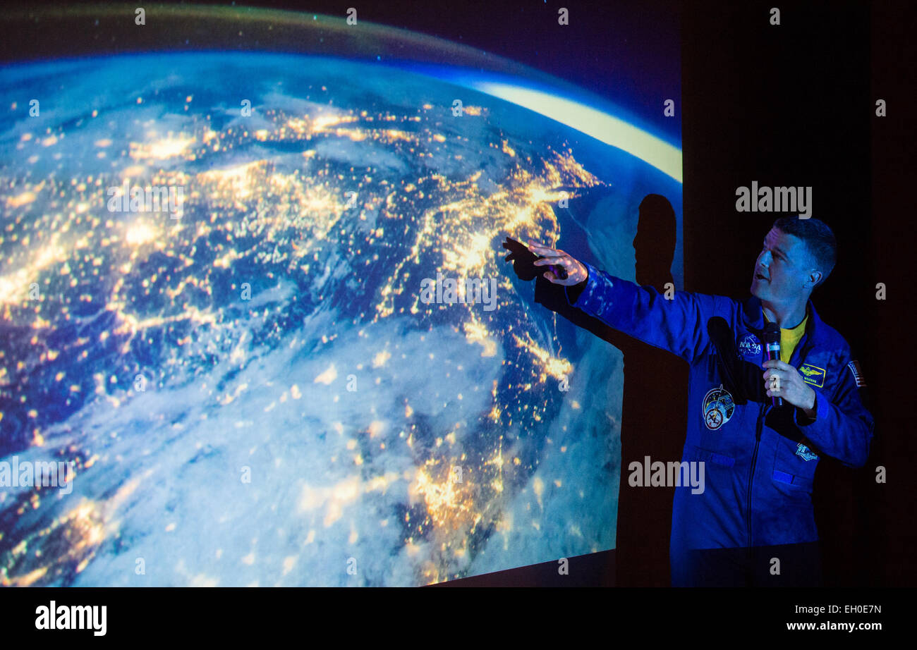 NASA astronaut Reid Wiseman shares his experiences of living aboard the International Space Station during his 6-month mission, with visitors at the Maryland Science Center in Baltimore. Stock Photo