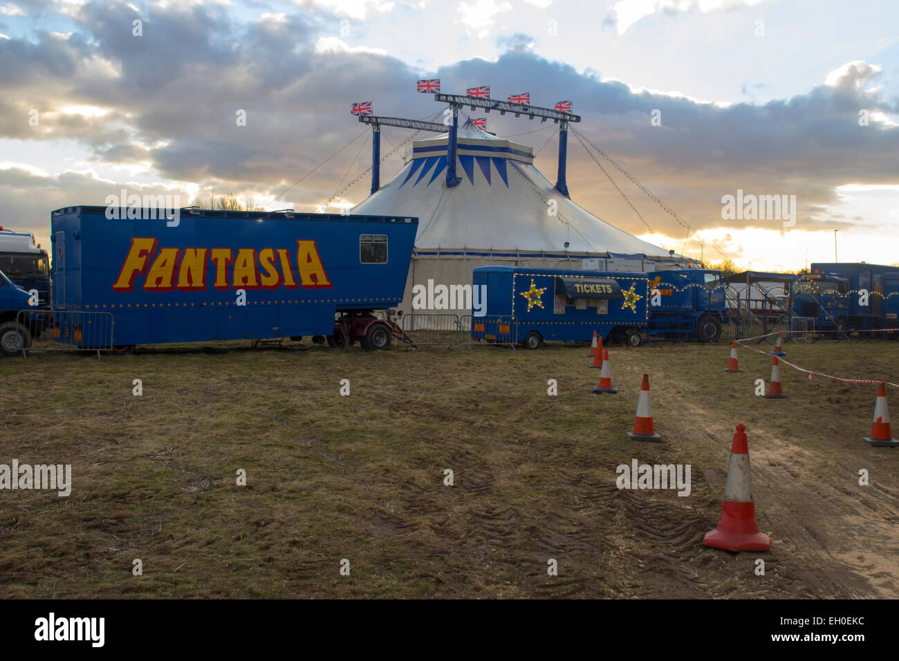 Milton, Cambridge, UK. 4th March, 2015. Fantasia Circus Entrance Tent and ticket booth for first night at Milton in Cambridge 4th March 2015 Credit:  Jason Marsh/Alamy Live News Stock Photo