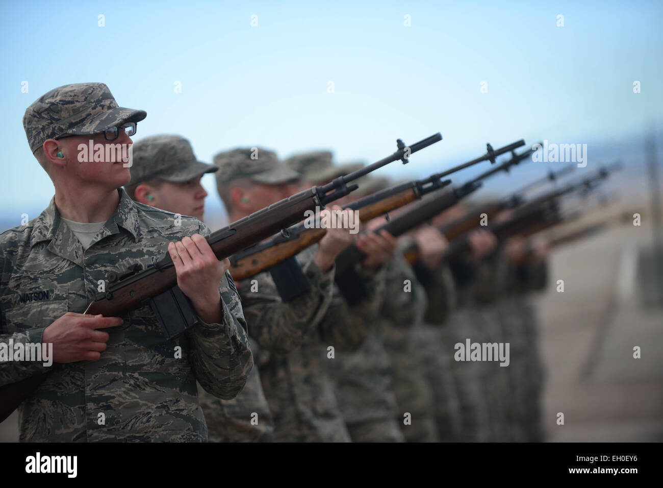 Honor guardsmen practice live-firing party movements Feb. 9, 2015, at Ellsworth Air Force Base, S.D. The firing party ceremonial tradition dates back to the Civil War, and consists of firing three rounds to symbolize the removal of fallen Soldiers from the battlefield. Stock Photo