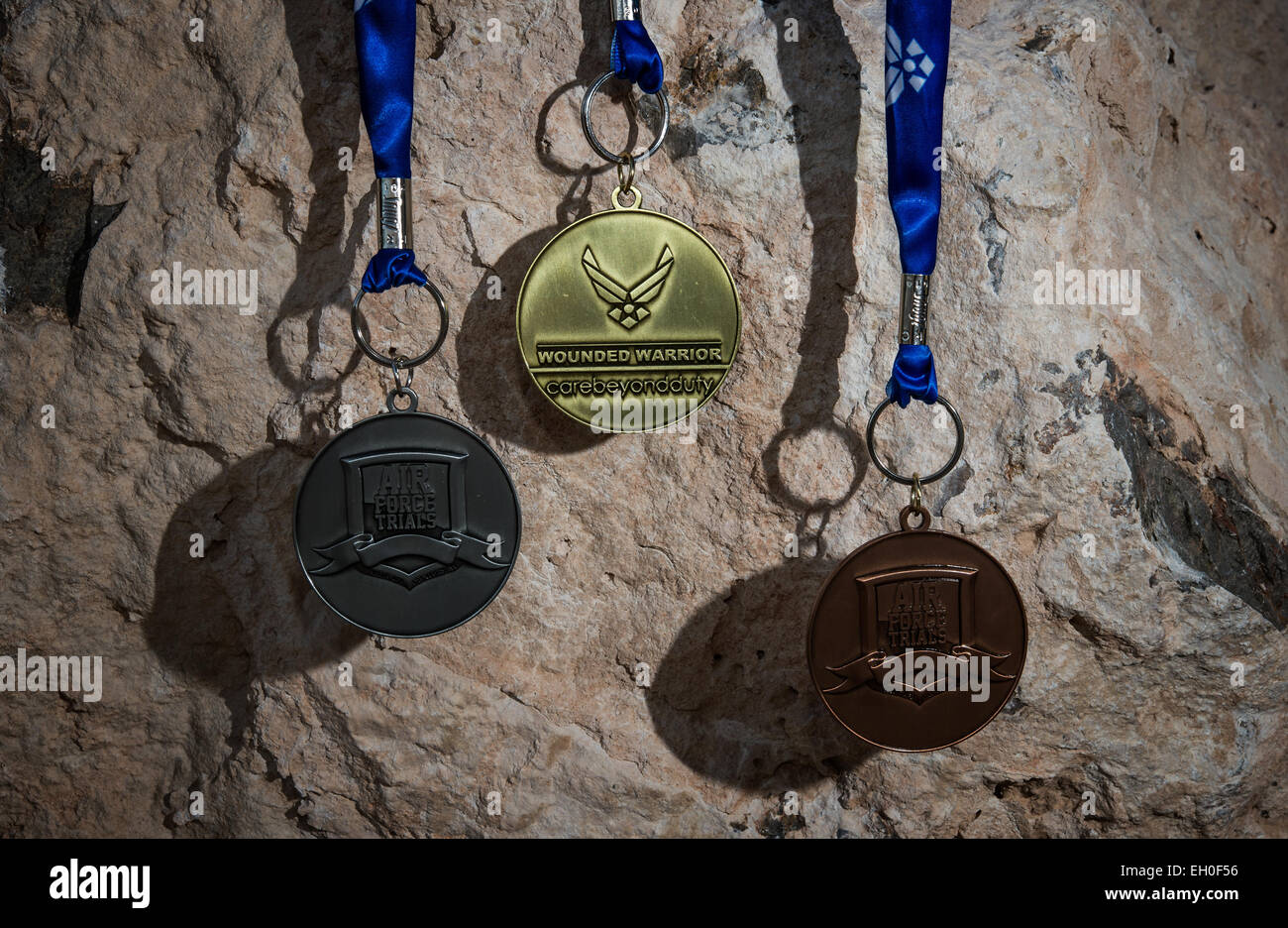 The medals for the Air Force Wounded Warrior 2015 Trials are displayed as competitors from all across the globe compete against one another for the first time during the games on Nellis Air Force Base, Nev., February 28. The Air Force Trials are an adaptive sports event designed to promote the mental and physical well-being of seriously ill and injured military members and veterans. More than 105 wounded, ill or injured service men and women from around the country will compete for a spot on the 2015 U.S. Air Force Wounded Warrior Team which will represent the Air Force at adaptive sports comp Stock Photo