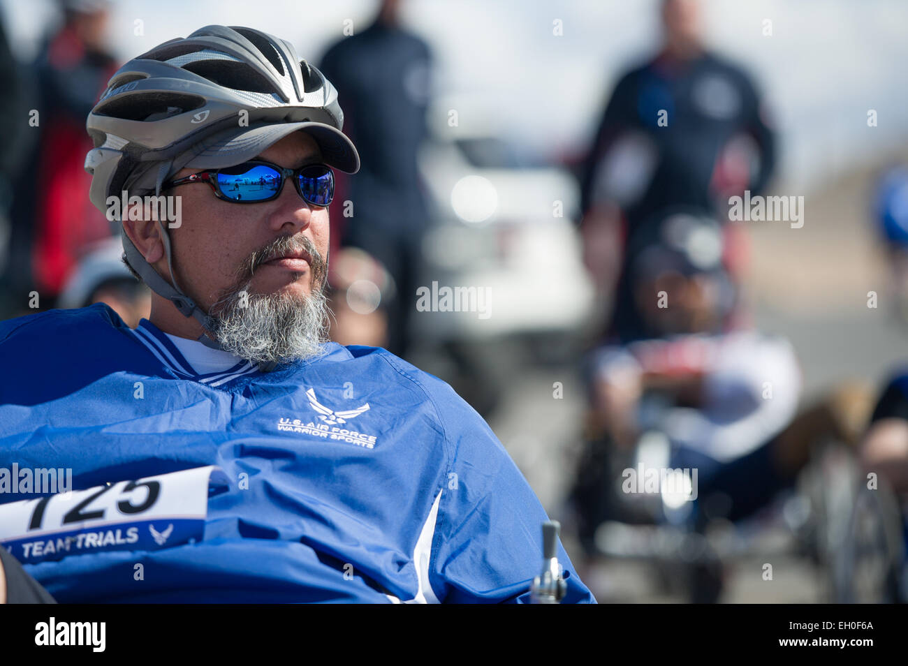 Mark Devisfruto, a 2015 Air Force Wounded Warrior cycling competitor, waits to start the mens recumbent cycling race at Nellis Air Force Base, Nev. Feb. 28, 2015.  The recumbent race is one of the three cycling events the warrior athletes competed in. The Air Force Trials are an adaptive sports event designed to promote the mental and physical well-being of seriously ill and injured military members and veterans. More than 105 wounded, ill or injured service men and women from around the country will compete for a spot on the 2015 U.S. Air Force Wounded Warrior Team which will represent the Ai Stock Photo