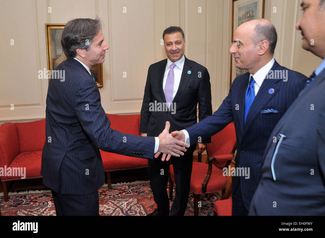 Deputy Secretary of State Antony &quot;Tony&quot; Blinken greets Saudi Ambassador to the U.S. Adel al-Jubeir before his meeting with Saudi Deputy Foreign Minister Prince Abd al-Aziz bin Abdullah Al Saud at the U.S. Department of State in Washington, D.C., on February 19, 2015. The Deputy Secretary met with the Saudi Deputy Foreign Minister on the margins of the White House Summit to Counter Violent Extremism. Stock Photo