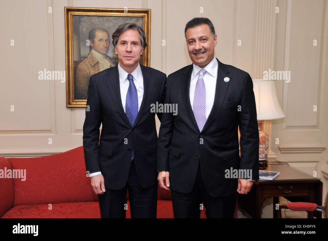 Deputy Secretary of State Antony &quot;Tony&quot; Blinken poses for a photo with Saudi Deputy Foreign Minister Prince Abd al-Aziz bin Abdullah Al Saud before their bilateral meeting at the U.S. Department of State in Washington, D.C., on February 19, 2015. The Deputy Secretary met with the Saudi Deputy Foreign Minister on the margins of the White House Summit to Counter Violent Extremism. Stock Photo