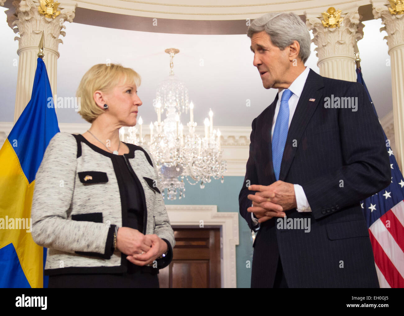 U.S. Secretary of State John Kerry and Swedish Foreign Minister Margot Wallstrom address reporters before their bilateral meeting at the U.S. Department of State in Washington, D.C., on January 29, 2015. Stock Photo
