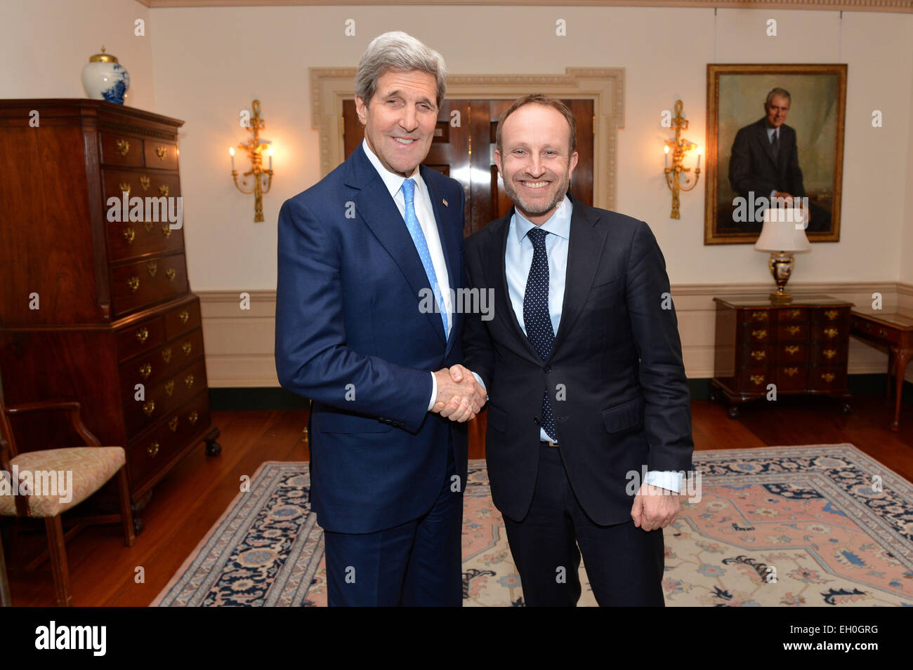 U s secretary of state john kerry greets danish foreign minister martin lidegaard before their meeting on the margins of the white house summit to counter