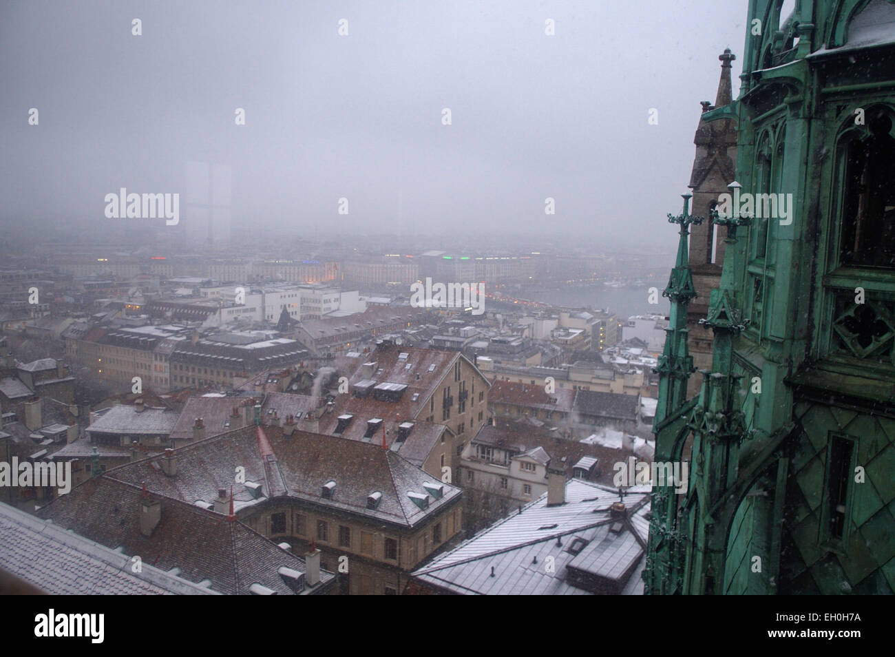 The view of Lake Geneva and downtown Geneva, Switzerland, from the South Tower of St. Pierre Cathedral, the adopted home church of Protestant Reformation leader John Calvin, as seen on January 26, 2015, during a tour by U.S. Secretary of State John Kerry. Stock Photo