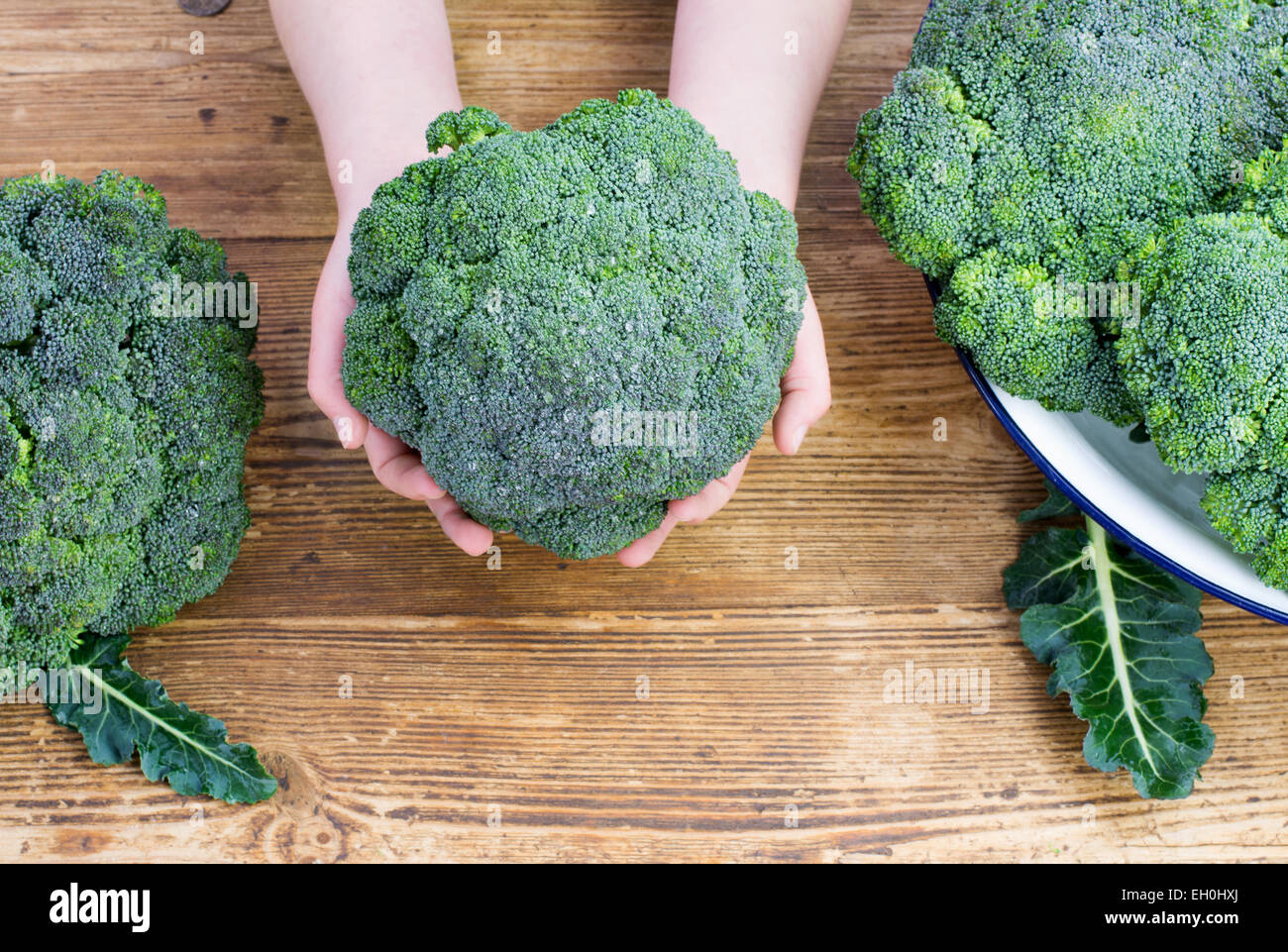 A child holding  broccoli in her hands over a farmhouse table with broccoli in a bowl and on the table ether side of her, room a Stock Photo