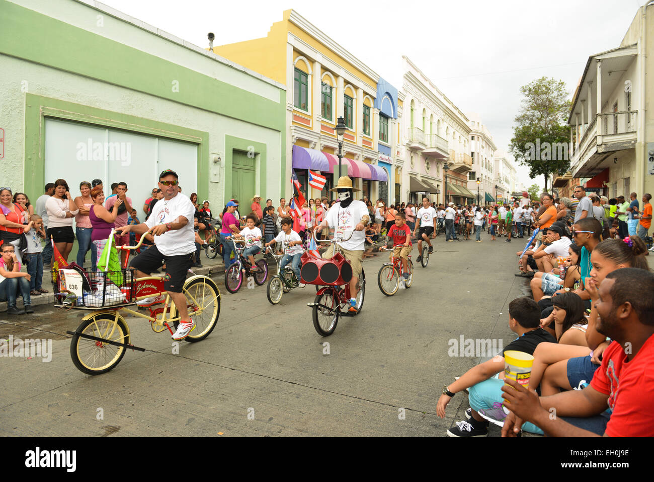 Group of bicycles parade during the carnival in the streets of Ponce, Puerto Rico. Feb 2015. Stock Photo