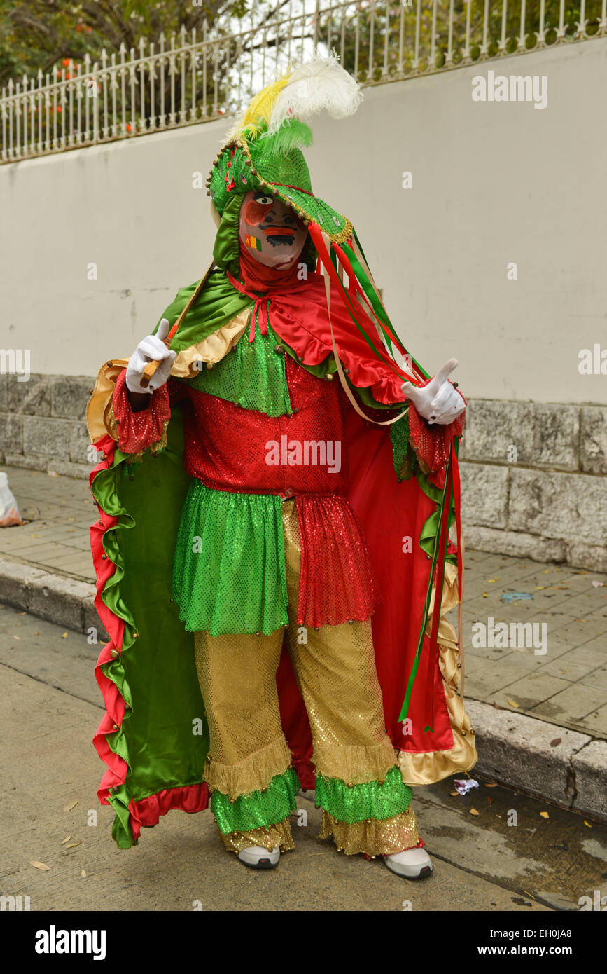 Traditional vejigante posing during the carnival in Ponce, Puerto Rico. February 2015 Stock Photo