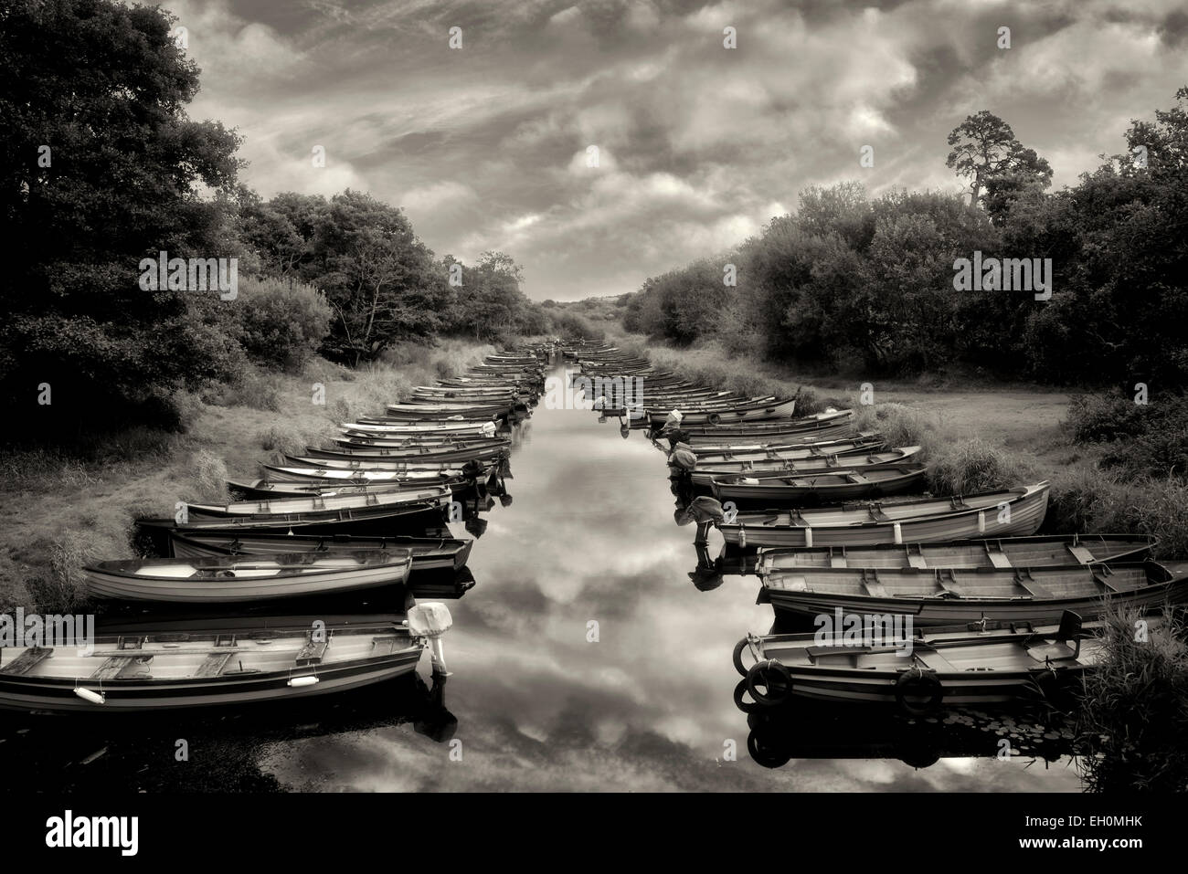 Fishing boats in small inlet. Killarney National Park, Ireland. Stock Photo