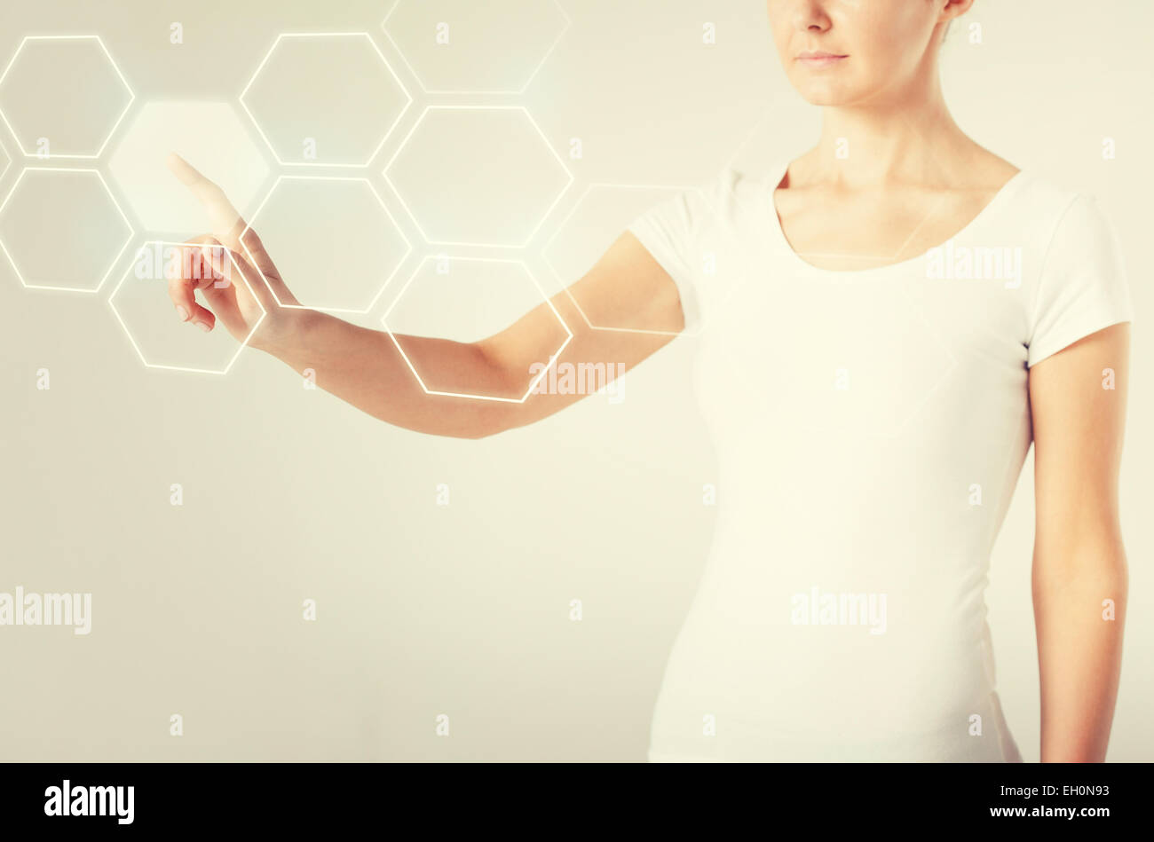 woman hand pressing virtual button Stock Photo