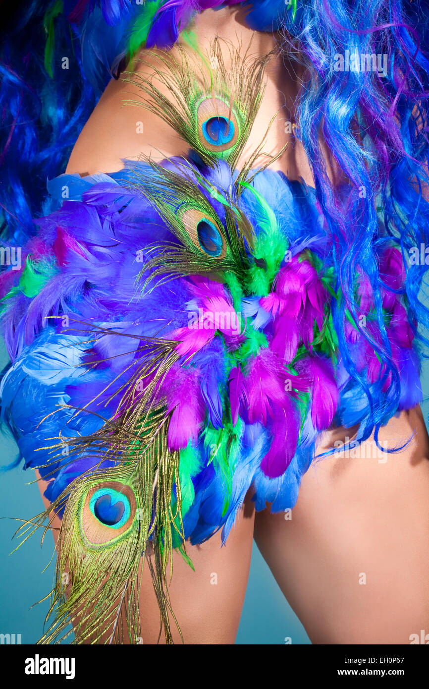 Closeup of a Female Dress Made of Feathers Stock Photo