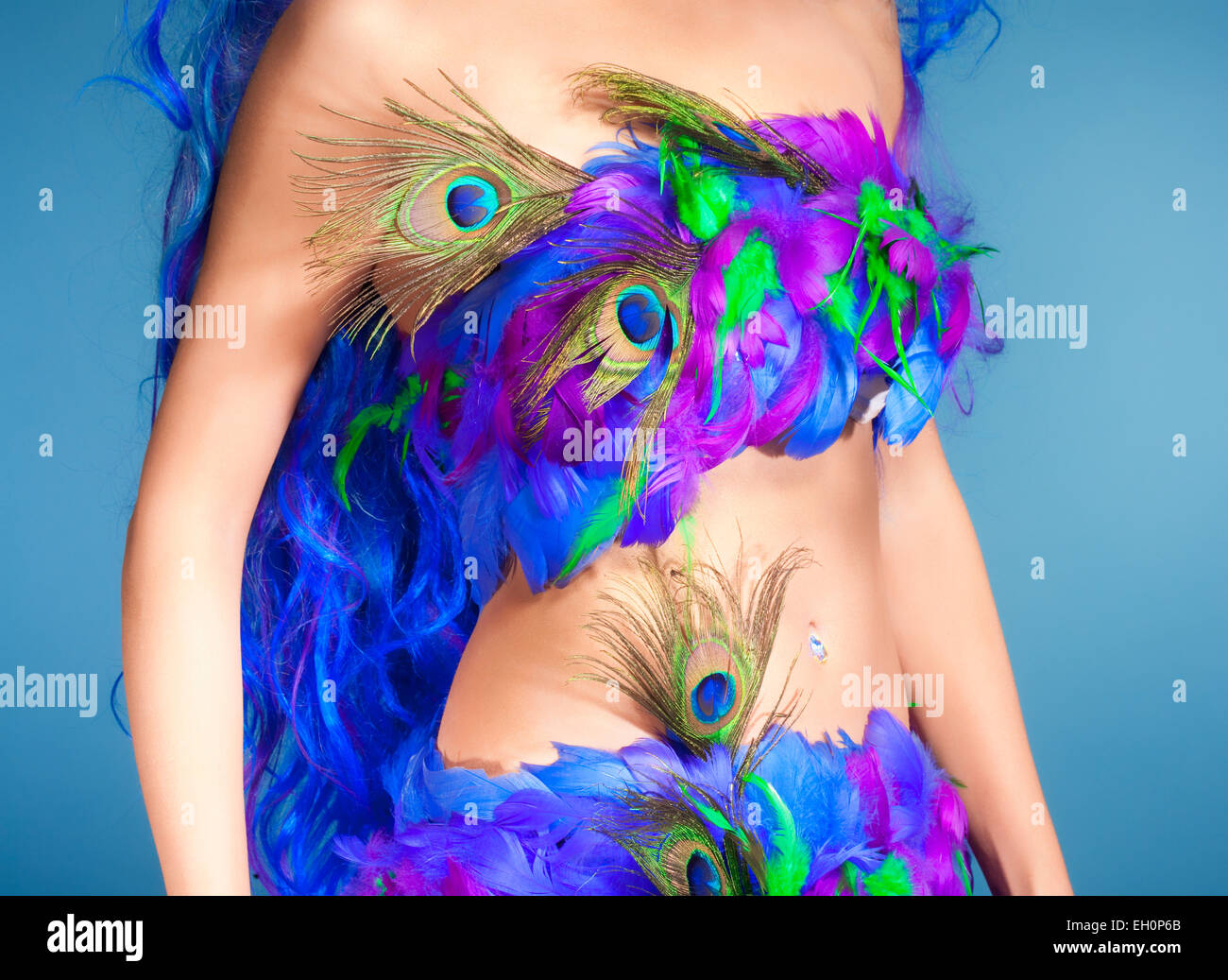 Closeup of a Female Dress Made of Feathers Stock Photo