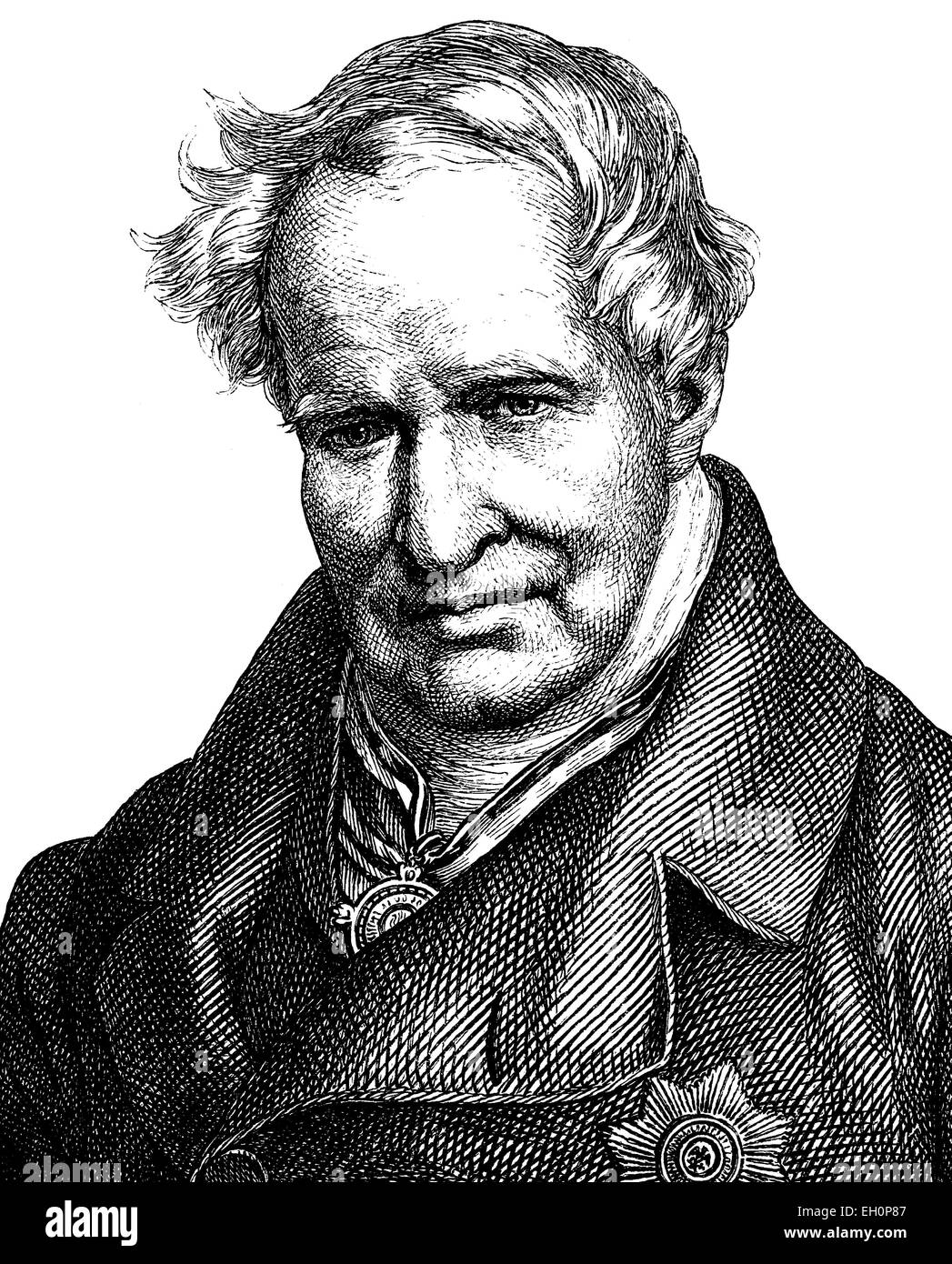 Portrait of Friedrich Wilhelm Heinrich Alexander von Humboldt, 14 September 1769 - 6 May 1859, was a Prussian geographer, naturalist, explorer and influential proponent of Romantic philosophy and science, Germany, digital improved reproduction of a woodcut publication from the year 1888 Stock Photo