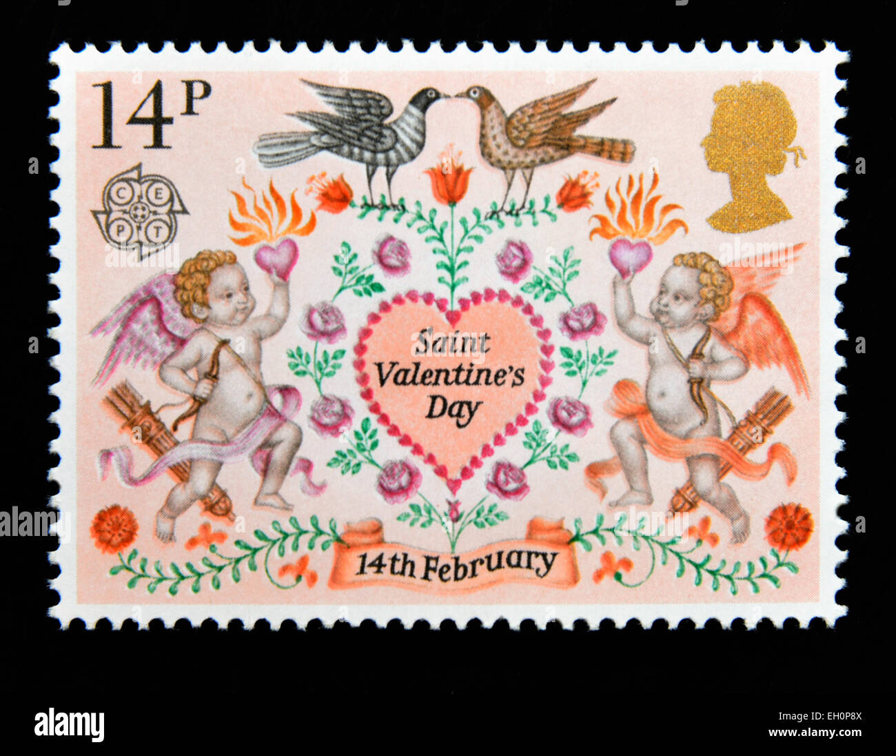 Postage stamp. Great Britain. Queen Elizabeth II. 1980. Folklore. Saint Valentine's Day. 14th.February. 14p. Stock Photo