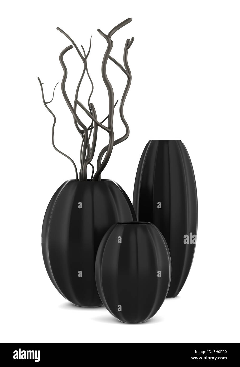 three black vases with dry wood isolated on white background Stock Photo