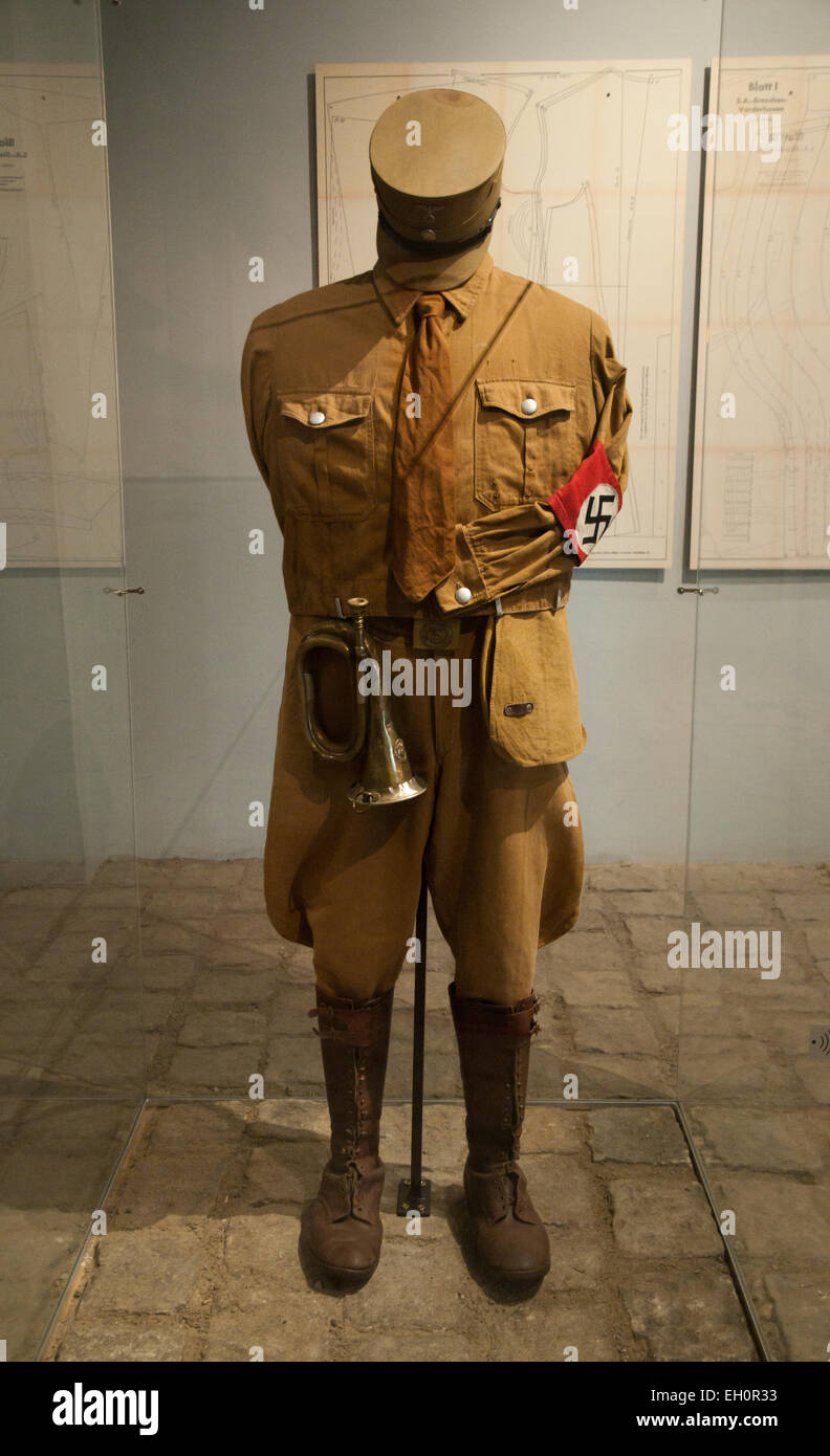Uniform of SA Nazi  brownshirt paramilitary man at Sachsenhausen concentration camp Stock Photo
