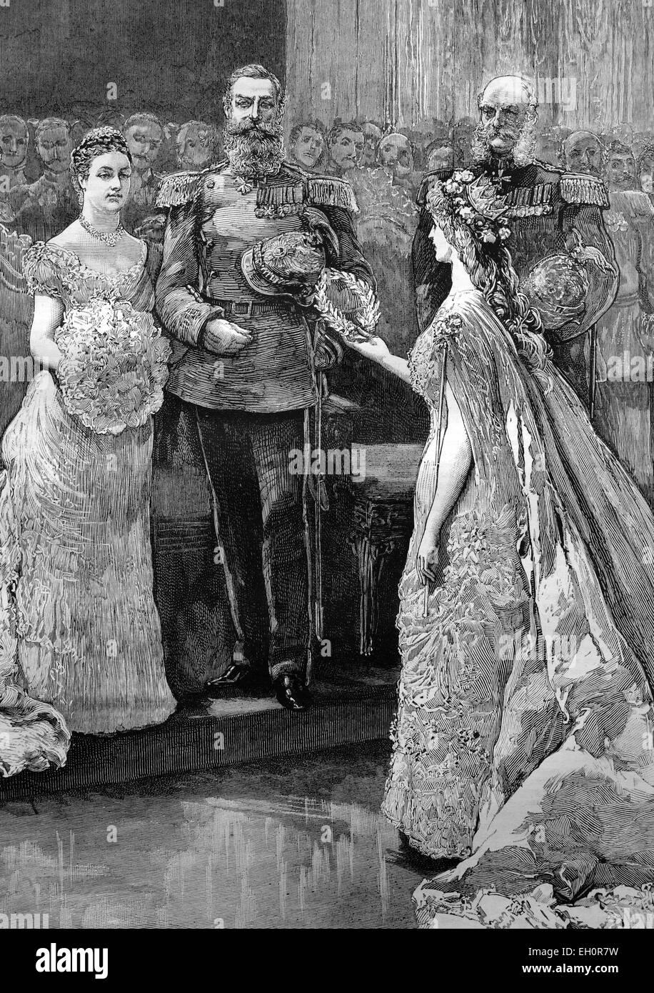 'The Silver Wedding of the Imperial Prince and Princess of Germany, the ''Koenigin Minne'' or ''Queen of Love'' presenting a silver wreath to the Imperial Princess, historical illustration, 1884' Stock Photo