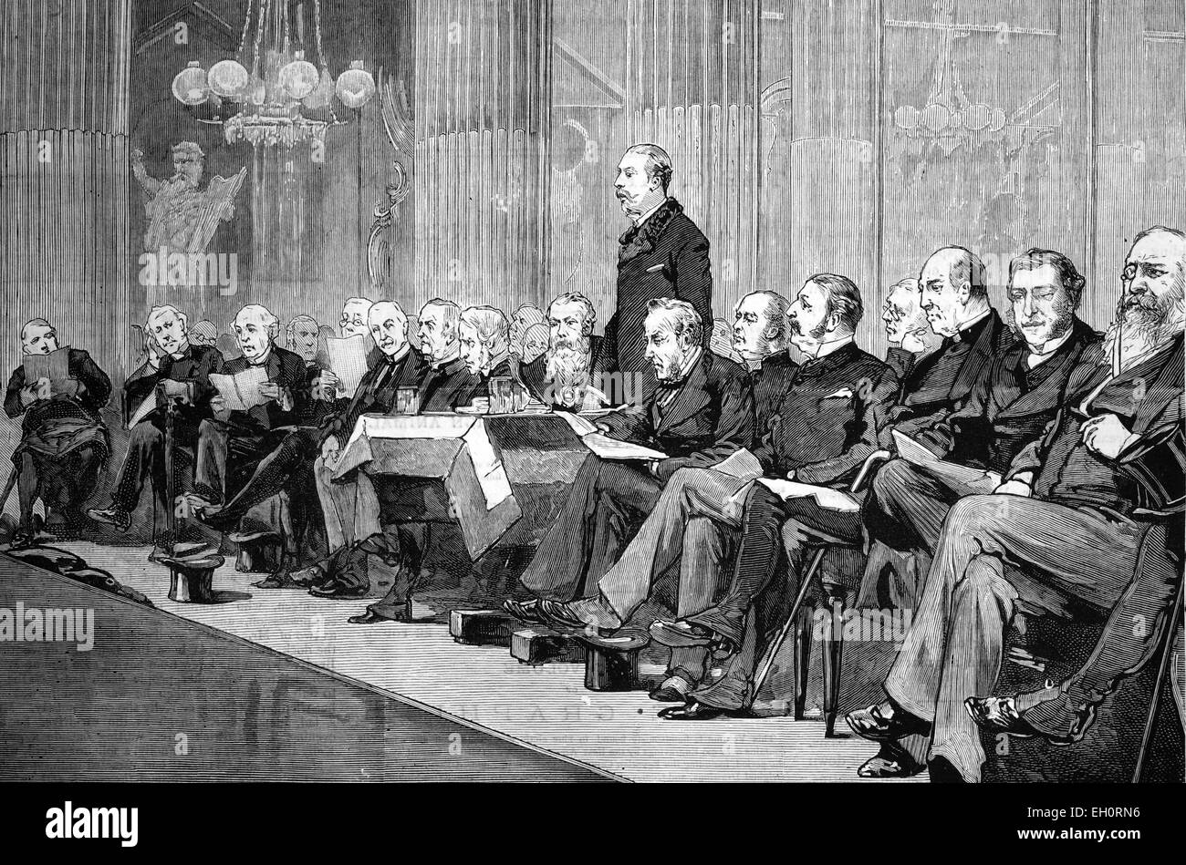 The proposed memorial to the late archbishop Tait, the Duke of Albany addressing the meeting at the Mansion House, London, England, historic image, 1883 Stock Photo