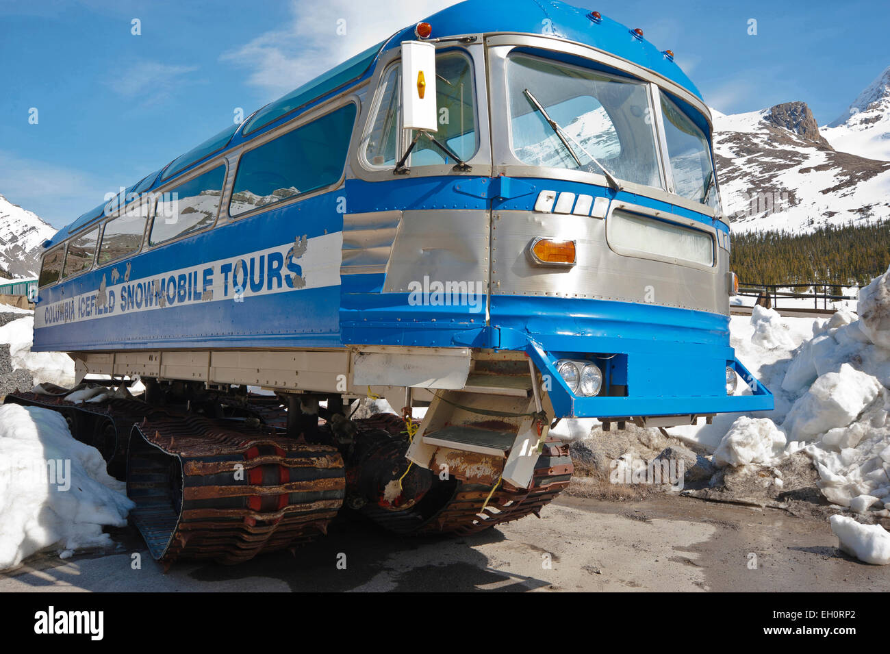 Jasper National Park, Canada - May 13, 2012: Snow coach at the Icefield Center at the Athabasca Glacier, Columbia icefield Stock Photo