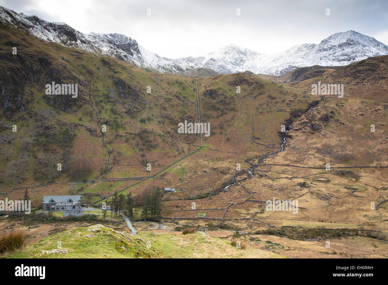Cwm Dyli hydro electric scheme, Snowdonia, with the snow capped Snowdon