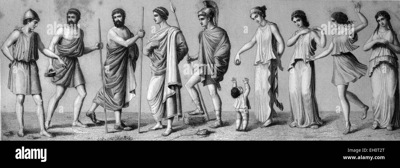 Greek costumes: from left, 1. chiton 2. exomis 3./4. himation 5. chlamys 6. children's dress 7./8. women's chiton 9. Doric chiton 10. double chiton, historical illustration Stock Photo