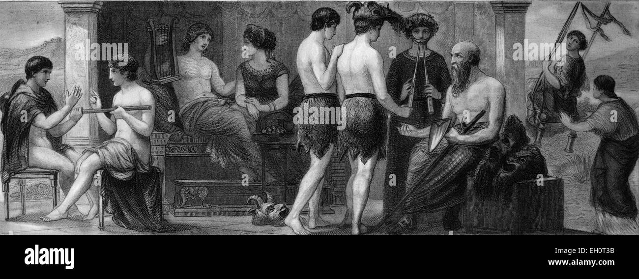 Life in ancient Greece, from left: sociable Entertainment, instructing a satyr drama, historical illustration Stock Photo