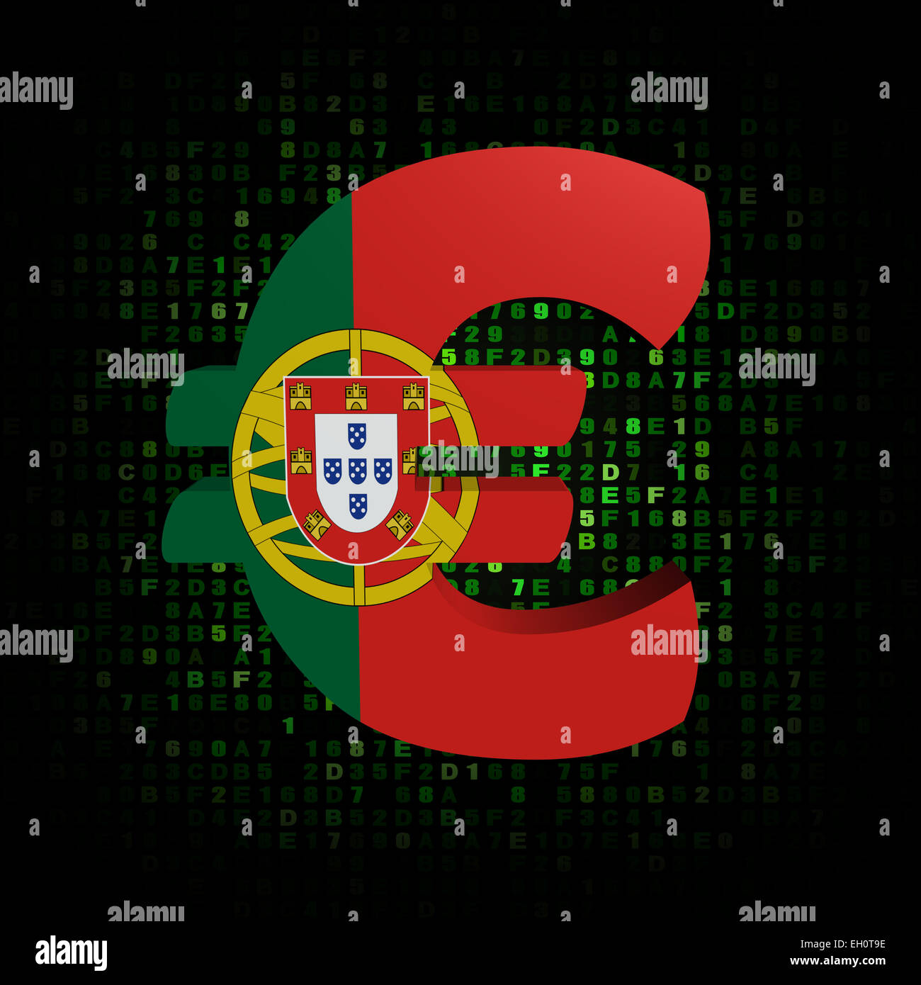 Euro symbol with Portugal flag on hex code illustration Stock Photo - Alamy