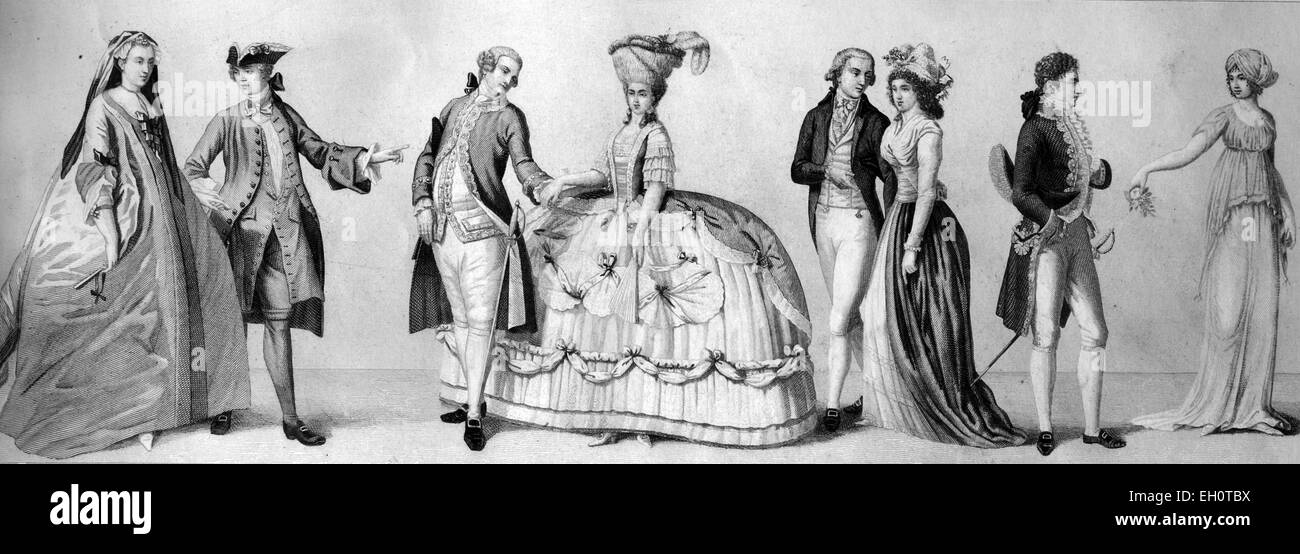 Cultural history, from left: two civil costumes around 1740, Berliner court dress around 1700, two dresses of the French Revolution, court dress1800, costume a la Grecque from 1800, historical illustration Stock Photo