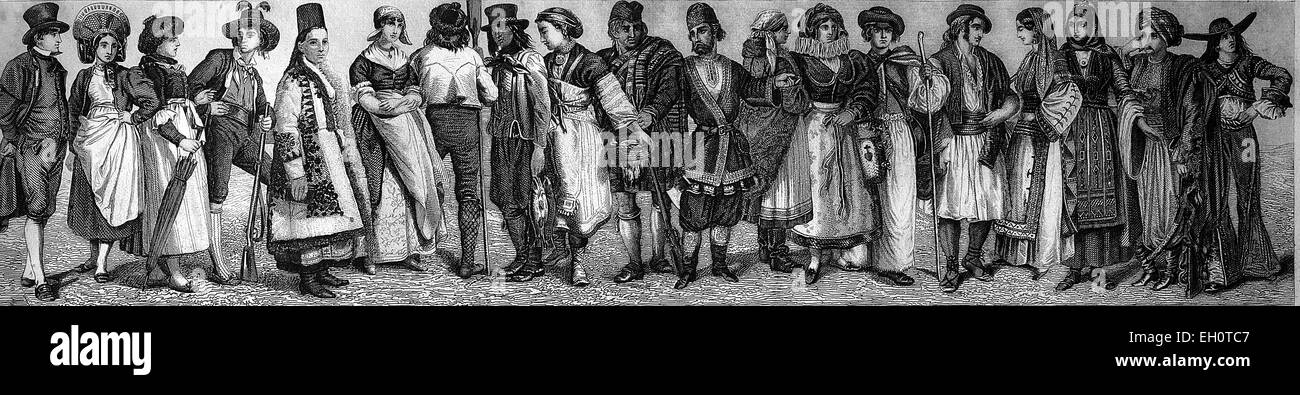 Folk dress in the Middle Ages, historical illustration Stock Photo