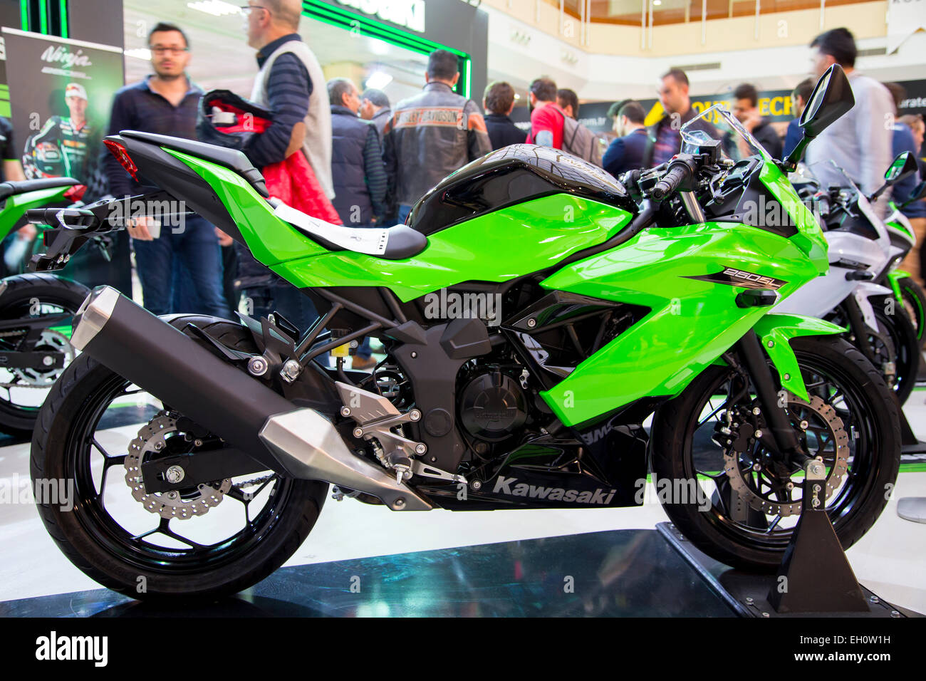 ISTANBUL, TURKEY - FEBRUARY 27, 2015: Kawasaki 250SL performance motorcycle on display at Eurasia motobike expo, CNR Expo Stock Photo